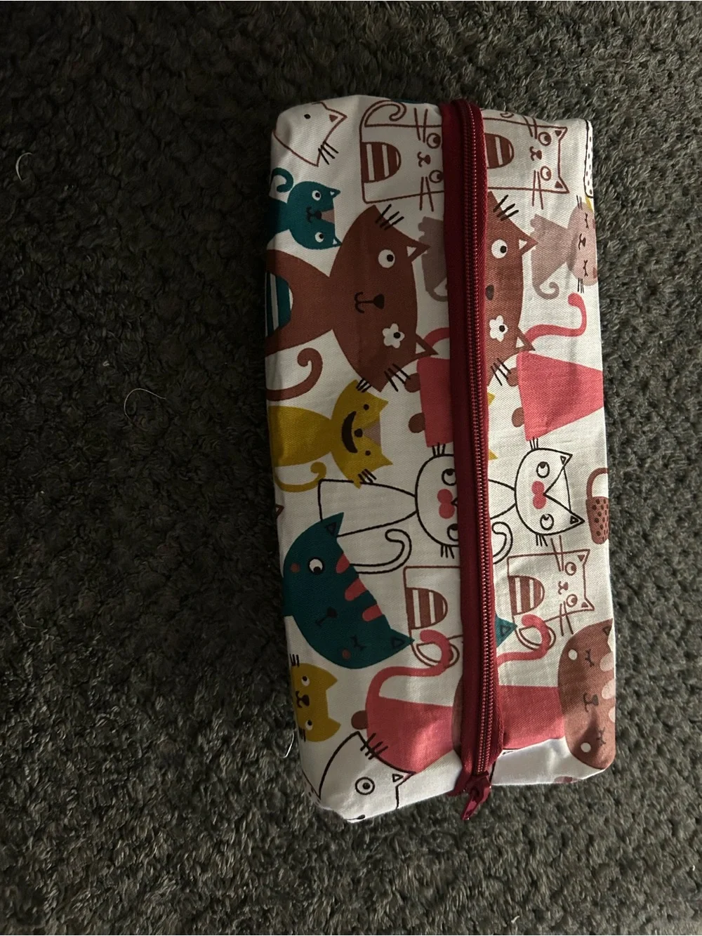 Hand Crafted Cat Pattern Pencil Case in Cream, Brown, Yellow, Teal & Pink